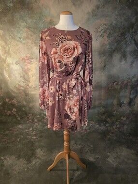 Flying Tomato Floral Long Sleeve Mini Dress Taupe And Rose Print Long Sleeve S